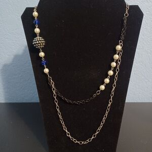 Silver-Toned and Black Chain Necklace with Faux Pearls and Blue Beads, 30"